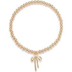 Gold Dainty Flower Handmade Stretch Dainty Bead Bow Charm Bracelet for Women